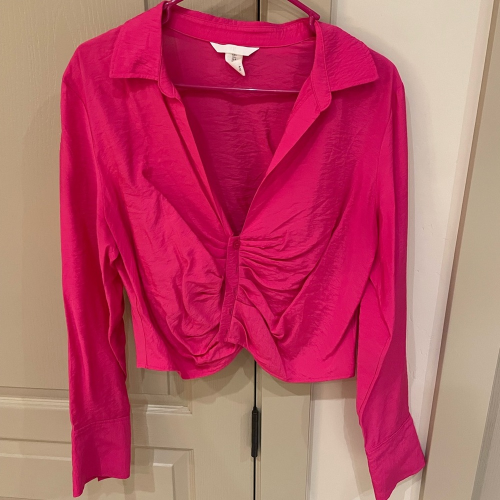 H&M Hot Pink Ruched Cropped Blouse